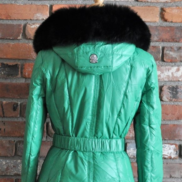 Shenowa Kelly Green Wet Look Down Puffer Belted Coat Jacket Fox Fur Hood Trim M - Picture 5 of 10